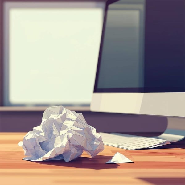 Crumpled up paper laying next to a computer screen standing on a desk-1