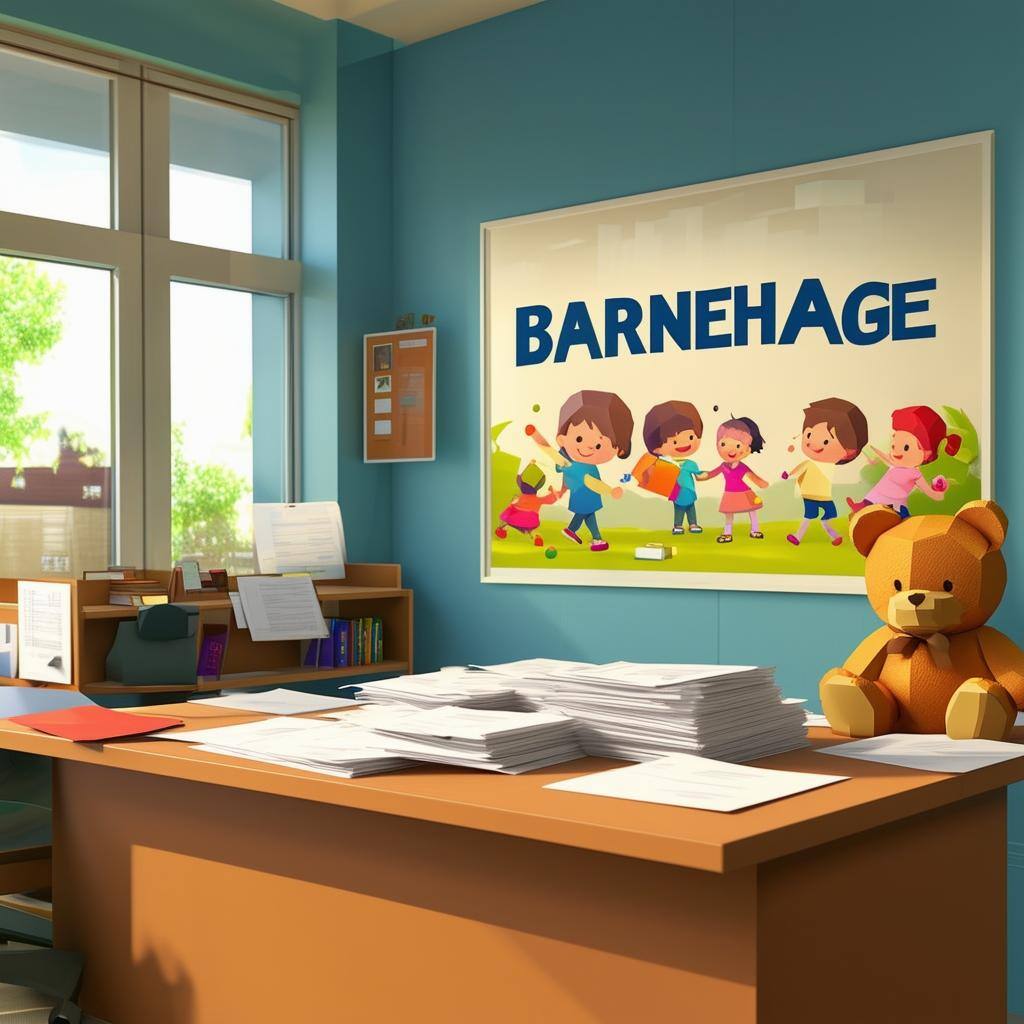 En kontorpult med papirsøknader og en plakat i bakgrunnen der det står 