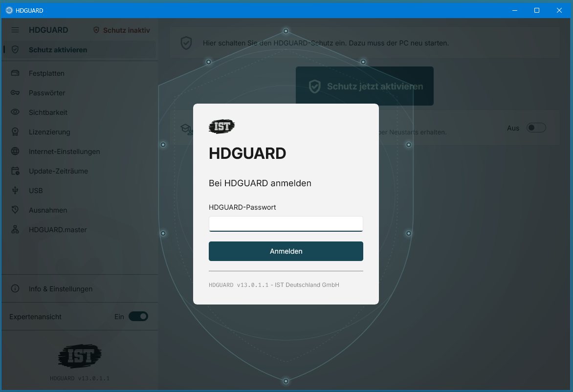 Anmeldedialog von HDGUARD 13