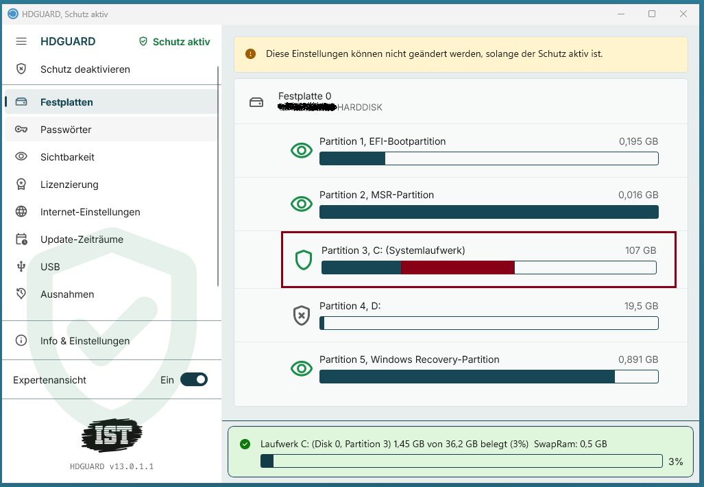 Übersicht der Festplatten und Partitionen mit Schutzstatus in HDGUARD 13