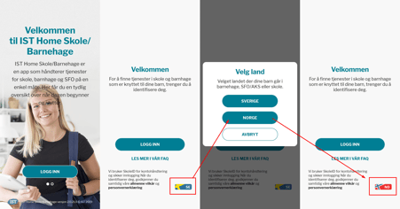 Bildet viser innloggingssiden med svensk flagg, med pil som viser at man trykker på dette og deretter endrer til norsk,